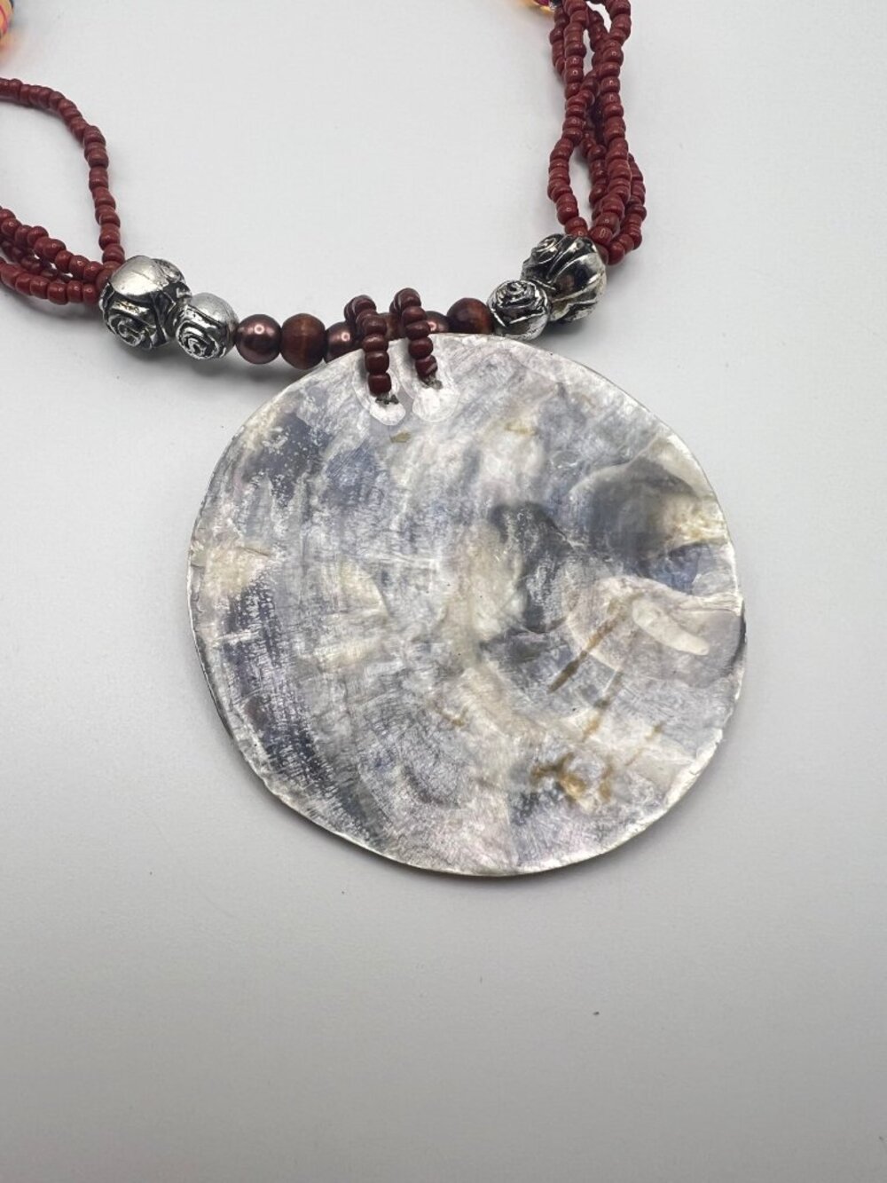 Artisan Beaded Necklace Mother Of Pearl Sunburst Pendant Roses Multicolor 18.5" - Picture 12 of 12